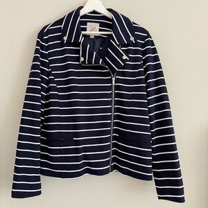 Roz & Ali Knit Moto Jacket Navy White Stripe Asymmetrical Zipper Large